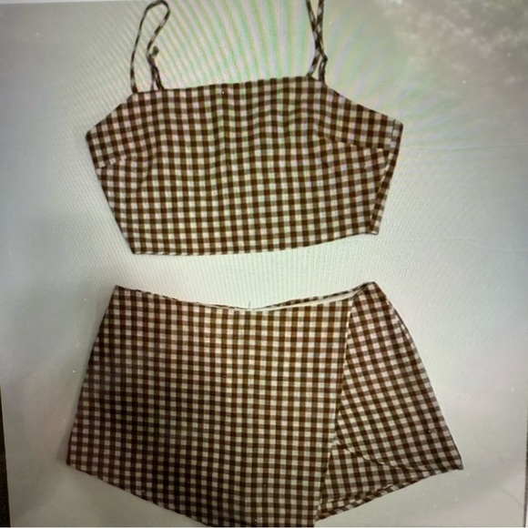 Cotton Candy Tops - Cotton Candy, brown, and white gingham crop top and skirt set